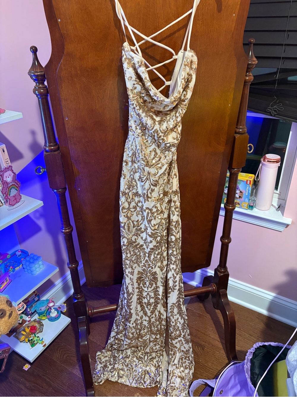 Windsor Ivory and Gold Sequined Lace Back Prom Gown